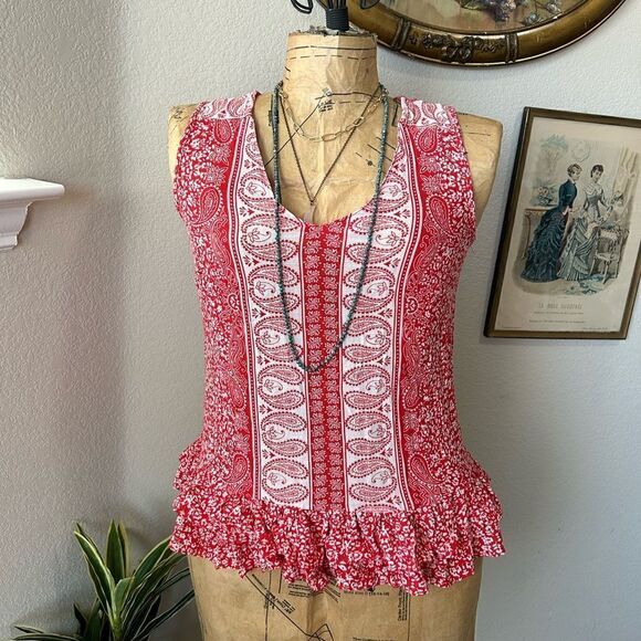 Ava Christine Red White Paisley Floral Ruffle Hem Sleeveless Blouse sz XS - Picture 2 of 9
